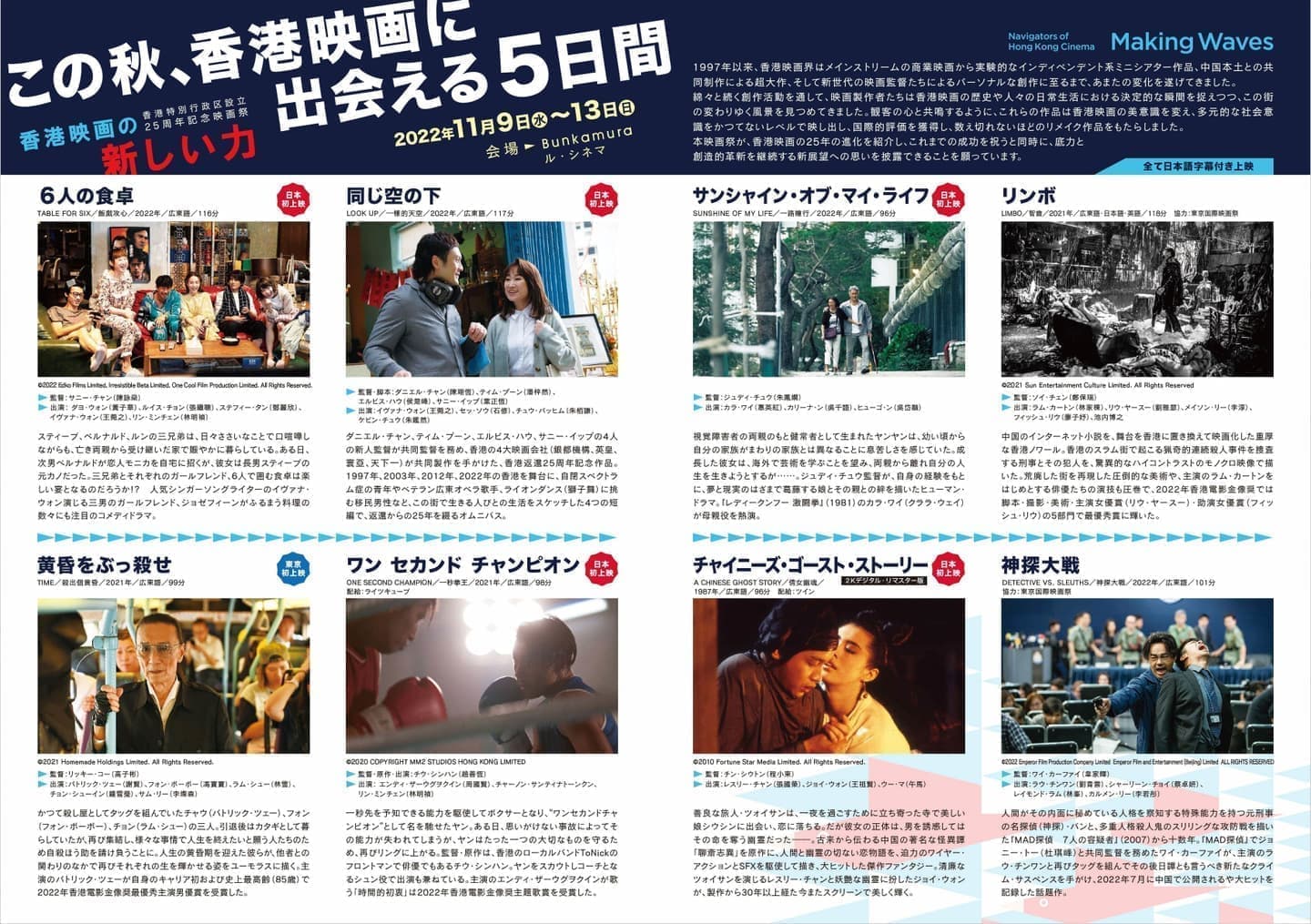 2022年｜香港特別行政区設立25周年記念映画祭 Making Waves - Navigators of Hong Kong Cinema 香港映画の新しい力（2022年11月9日～13日開催）